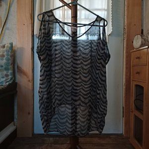 Sheer Black & Gray Striped Top with Cut out Sleeves Sz M